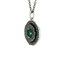 Load image into Gallery viewer, Sterling Silver Green Agate, Marcasite and Black Enamel Pendant. AM72-834