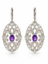 Load image into Gallery viewer, Sterling Silver Amethyst Swirling Filigree Lever-Back Earrings. HIM130