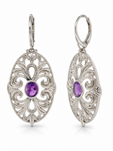 Load image into Gallery viewer, Sterling Silver Amethyst Swirling Filigree Lever-Back Earrings. HIM130
