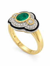 Load image into Gallery viewer, 9ct Yellow Gold Emerald, Diamond and Balck Enamel Ring. MMC881B