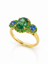 Load image into Gallery viewer, 9ct Yellow Gold Green Tourmaline, Ceylon Sapphire and Tsavorite Ring. MMCS7371