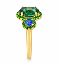 Load image into Gallery viewer, 9ct Yellow Gold Green Tourmaline, Ceylon Sapphire and Tsavorite Ring. MMCS7371