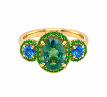Load image into Gallery viewer, 9ct Yellow Gold Green Tourmaline, Ceylon Sapphire and Tsavorite Ring. MMCS7371