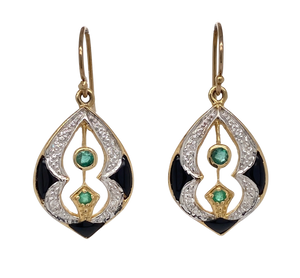 9Ct Yellow Gold Emerald Diamond and Onyx Earrings. CH14