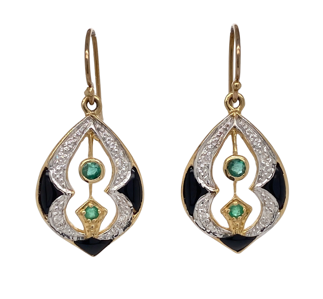 9Ct Yellow Gold Emerald Diamond and Onyx Earrings. CH14