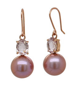 9Ct Rose Gold Freshwater Pearl and Morganite Earrings. J331