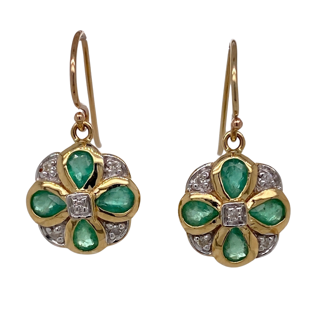 9Ct Yellow Gold Emerald and Diamond Earrings. CH18