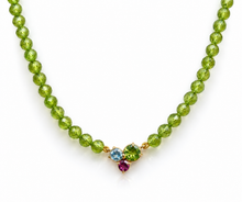 Load image into Gallery viewer, 9ct Yellow Gold Peridot, Aquamarine and Rhodolite Garnet Trio Necklace. JGPN1