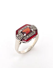 Load image into Gallery viewer, Sterling Silver Marcasite Enamel and Gemstone Ring. 18-159