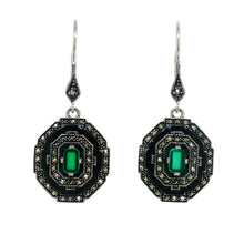 Load image into Gallery viewer, Sterling Silver Green Agate, Onyx, Marcasite and Black Enamel Earrings. AM43-362
