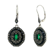 Load image into Gallery viewer, Sterling Silver Green Agate, Onyx, Marcasite and Black Enamel Earrings. AM43-362
