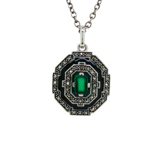 Load image into Gallery viewer, Sterling Silver Green Agate, Marcasite and Black Enamel Pendant. AM72-834
