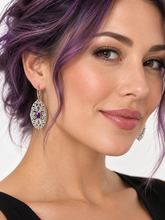 Load image into Gallery viewer, Sterling Silver Amethyst Swirling Filigree Lever-Back Earrings. HIM130
