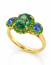 Load image into Gallery viewer, 9ct Yellow Gold Green Tourmaline, Ceylon Sapphire and Tsavorite Ring. MMCS7371
