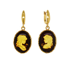 Load image into Gallery viewer, Gold Plated Sterling Silver Baltic Amber Cameo Earrings. HEN107
