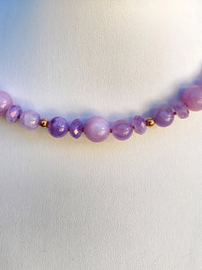 Sterling Silver Gold Plated Safety Ball Catch Kunzite & Lavender Amethyst Beaded Necklace. J18