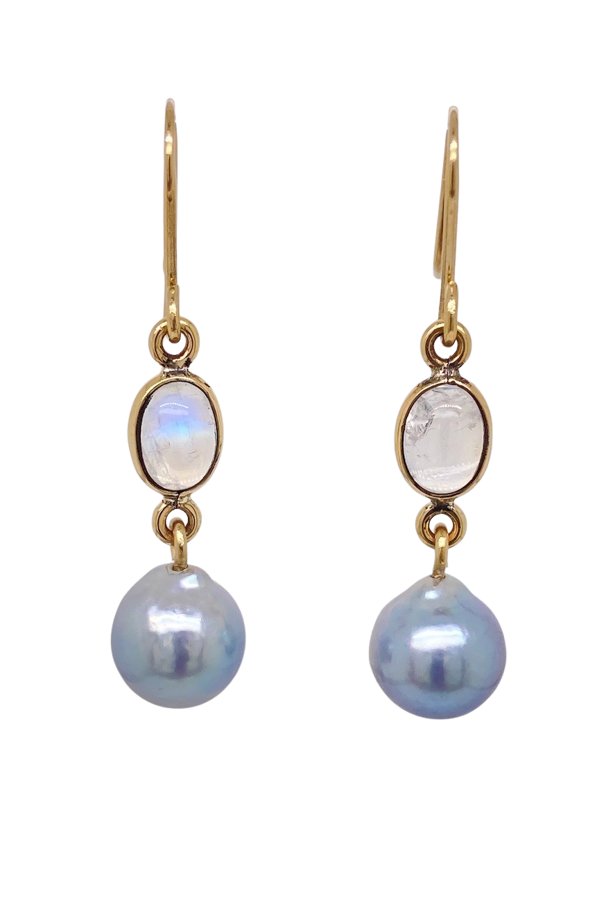 9ct Yellow Gold Moonstone and Akoya Pearl Earrings. J316