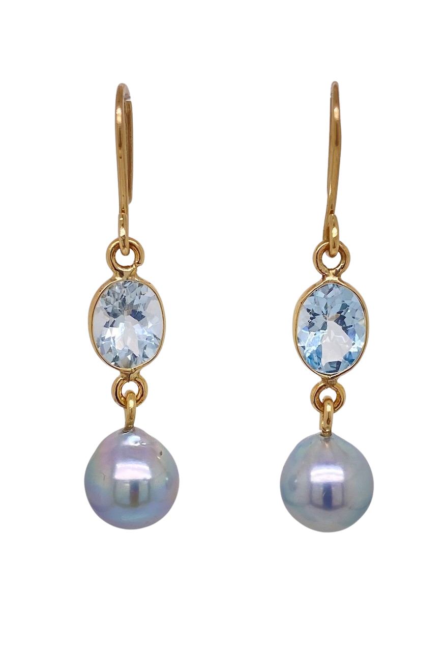 9ct Yellow Gold Aquamarine and Akoya Pearl Earrings. J313AQ