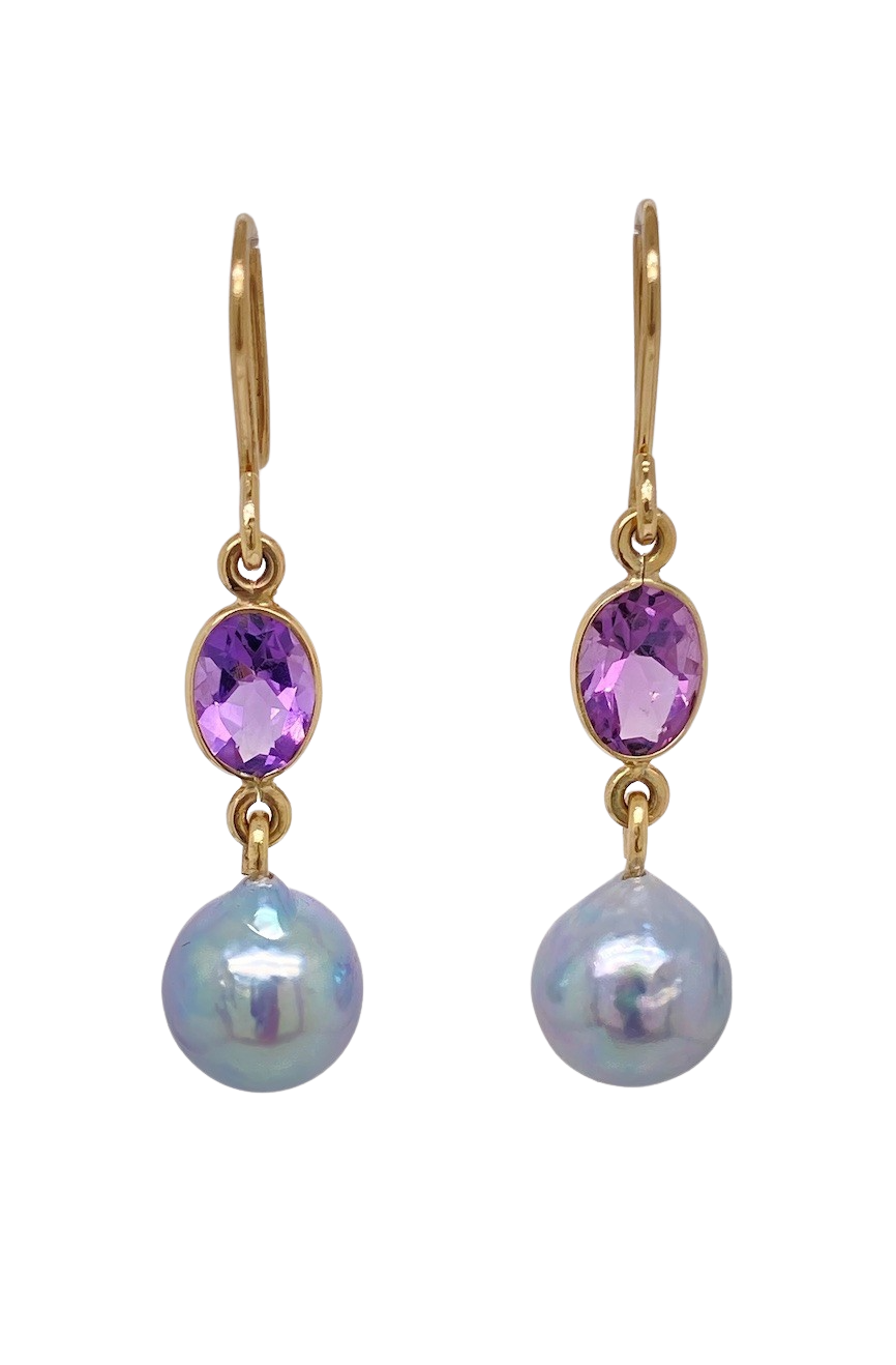 9ct Yellow Gold Amethyst and Akoya Pearl Earrings. J313A