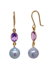 9ct Yellow Gold Amethyst and Akoya Pearl Earrings. J313A