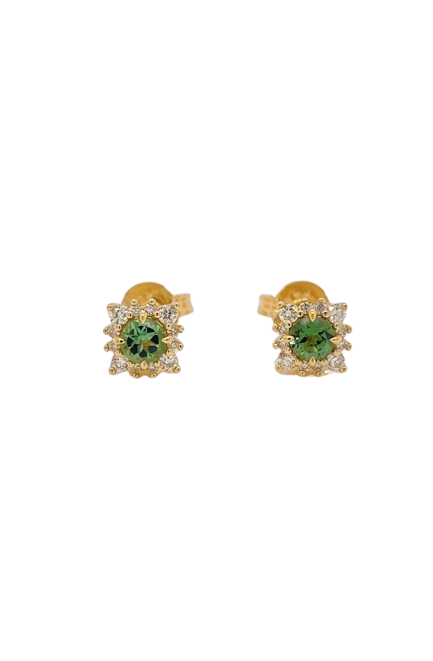 9ct Yellow Gold Mint Tourmaline and Diamond Stud Earrings. MME789