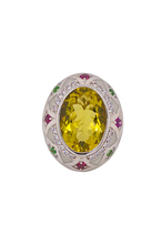 Load image into Gallery viewer, Sterling Silver White Enamel, Lemon Quartz, Green Garnet and  Rhodolite Garnet Ring. HIM29
