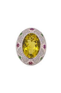 Sterling Silver White Enamel, Lemon Quartz, Green Garnet and  Rhodolite Garnet Ring. HIM29