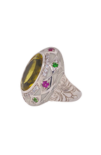 Load image into Gallery viewer, Sterling Silver White Enamel, Lemon Quartz, Green Garnet and  Rhodolite Garnet Ring. HIM29
