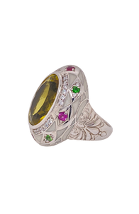 Sterling Silver White Enamel, Lemon Quartz, Green Garnet and  Rhodolite Garnet Ring. HIM29