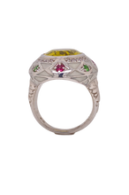 Load image into Gallery viewer, Sterling Silver White Enamel, Lemon Quartz, Green Garnet and  Rhodolite Garnet Ring. HIM29

