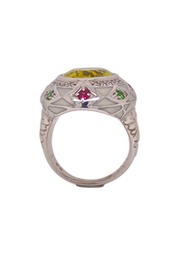 Sterling Silver White Enamel, Lemon Quartz, Green Garnet and  Rhodolite Garnet Ring. HIM29
