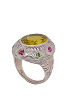 Load image into Gallery viewer, Sterling Silver White Enamel, Lemon Quartz, Green Garnet and  Rhodolite Garnet Ring. HIM29
