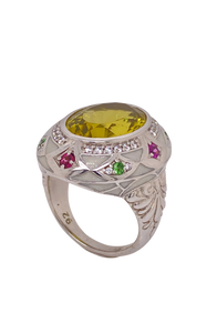 Sterling Silver White Enamel, Lemon Quartz, Green Garnet and  Rhodolite Garnet Ring. HIM29