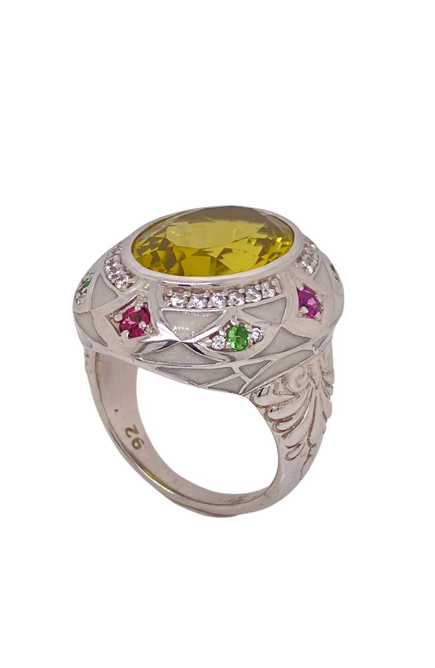 Sterling Silver White Enamel, Lemon Quartz, Green Garnet and  Rhodolite Garnet Ring. HIM29