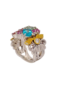 Sterling Silver, Brass and Multi Toned Tourmaline Ring. HIM82