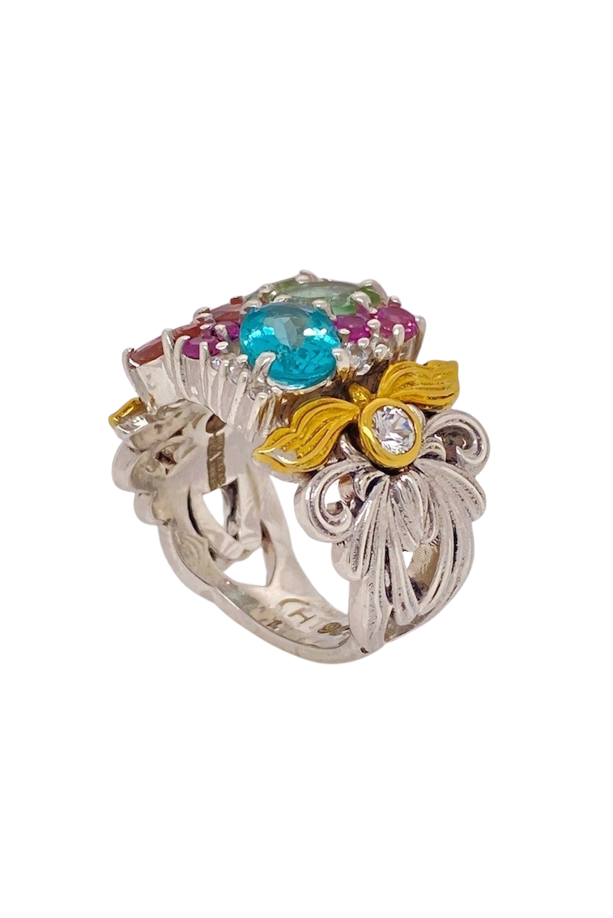 Sterling Silver, Brass and Multi Toned Tourmaline Ring. HIM82