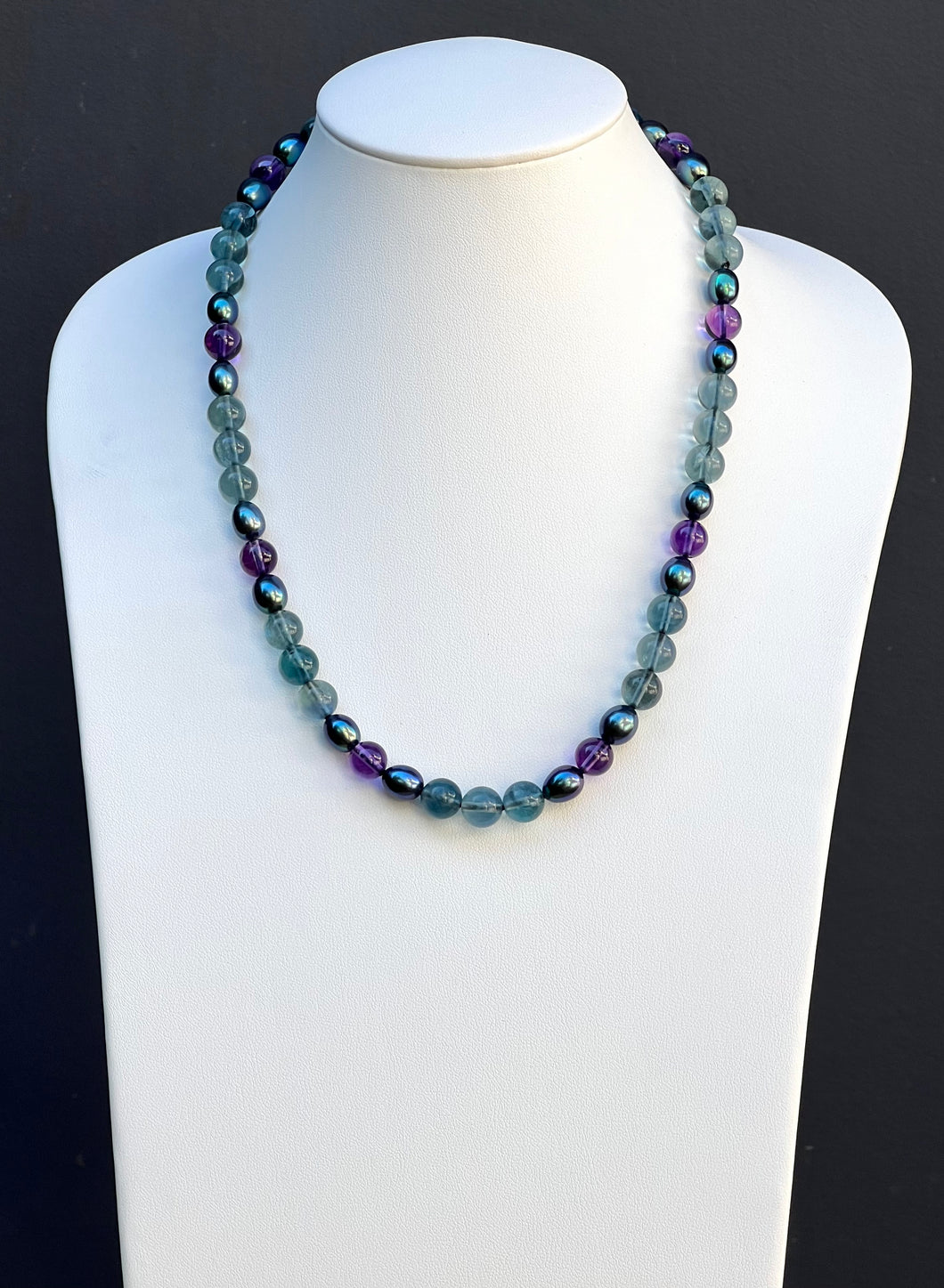 Sterling Silver, Freshwater Pearl, Fluorite and Amethyst  Beaded Necklace. J243