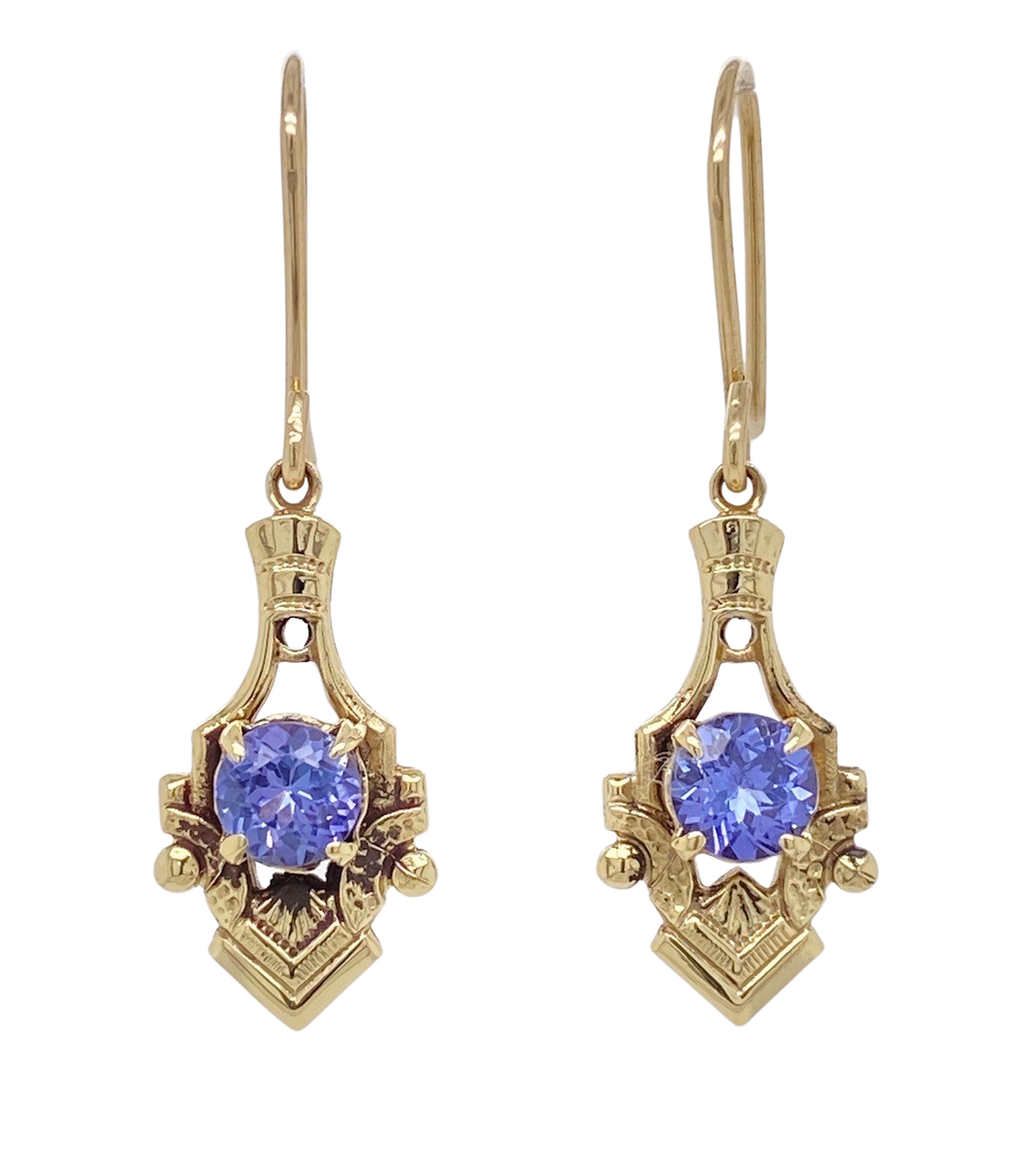 9Ct Yellow Gold Tiny Shield Tanzanite Earrings. J194T Jeeba