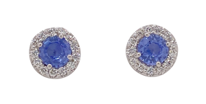 9Ct White Gold Diamond and Ceylon Sapphire Stud Earrings. E475C3