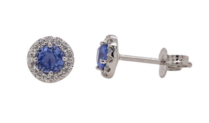 9Ct White Gold Diamond and Ceylon Sapphire Stud Earrings. E475C3