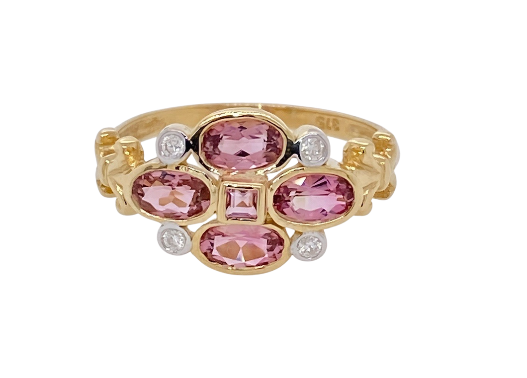 9Ct Yellow Gold Pink Tourmaline and Diamond Ring. CH21