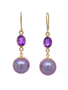 9Ct Yellow Gold Amethyst and Cultured Freshwater Edison Pearl Earrings. J633