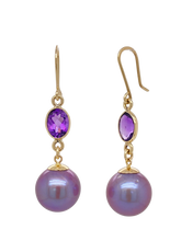 Load image into Gallery viewer, 9Ct Yellow Gold Amethyst and Cultured Freshwater Edison Pearl Earrings. J633
