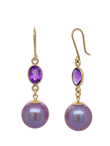 9Ct Yellow Gold Amethyst and Cultured Freshwater Edison Pearl Earrings. J633