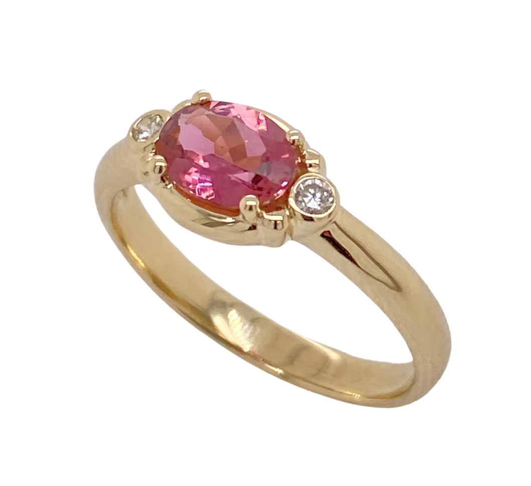 9ct Yellow Gold Pink Tourmaline and Diamond Ring. MM606