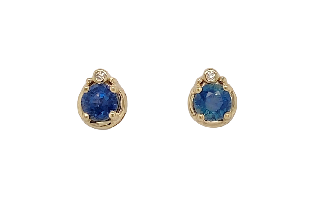 9ct Yellow Gold Ceylon Sapphire and Diamond Stud Earrings. MME459