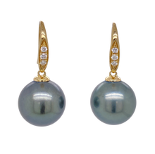 Load image into Gallery viewer, 9ct Yellow Gold Tahitian Pearl and Diamond Earrings. EP4
