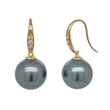 Load image into Gallery viewer, 9ct Yellow Gold Tahitian Pearl and Diamond Earrings. EP4
