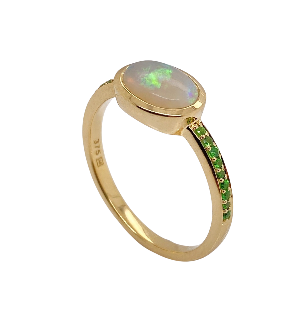9ct Yellow Gold Opal and Tsavorite Ring. MM2776A