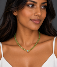 Load image into Gallery viewer, 9ct Yellow Gold Peridot, Aquamarine and Rhodolite Garnet Trio Necklace. JGPN1
